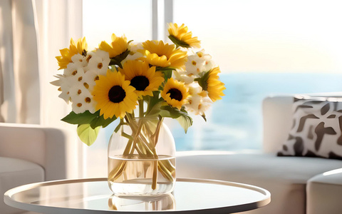 简约家居玻璃花瓶中美丽向日葵视频