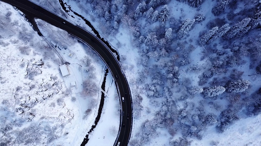 雪山冬季森林和有汽车的公路视频