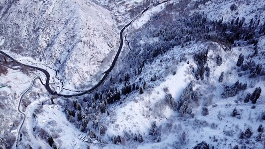 雪山冬季森林和有汽车的公路视频