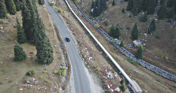 汽车在森林的一条路上行驶空中飞行视频