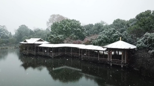 航拍杭州西湖花港观鱼水榭雪景视频