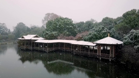 航拍杭州西湖花港观鱼水榭雪景视频