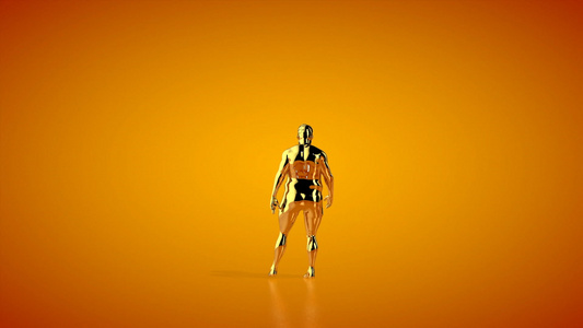 金色的胖金人变成肌肉健壮相机旋转橙色工作室视频