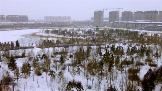 4k实拍降雪中的北方城市及缓慢行驶的车流视频