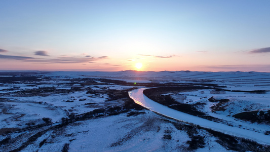 河谷湿地田野雪景夕阳视频