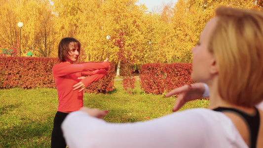 运动女子训练普拉提在秋季公园锻炼健身女人在户外课上视频