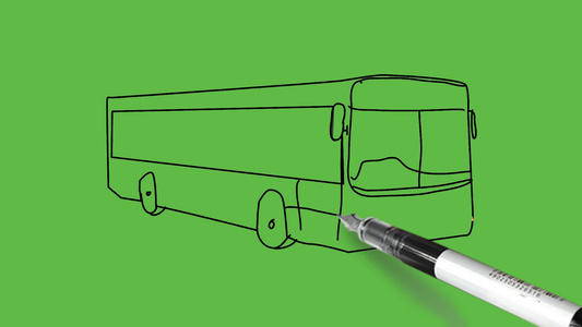 在抽象绿色背景上绘制黑色和彩色组合的客车前视图视频