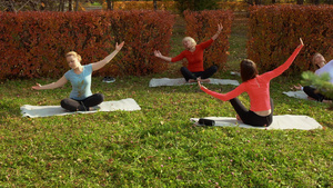 坐在床垫上和在公园做瑜伽的运动妇女38秒视频