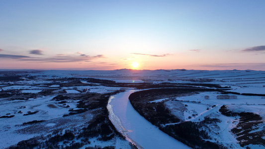 河谷湿地田野雪景夕阳视频