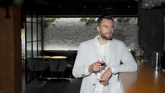 英俊优雅的年轻男子在酒吧喝着葡萄酒视频