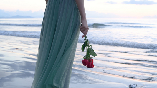 4K海滩上手持玫瑰的少女视频