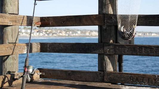 在美国加利福尼亚州码头上垂钓的咸水海洋海洋渔获网篮视频