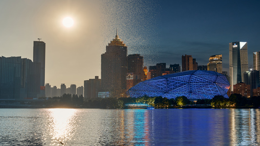 8k沈阳浑河城市日落夜景视频