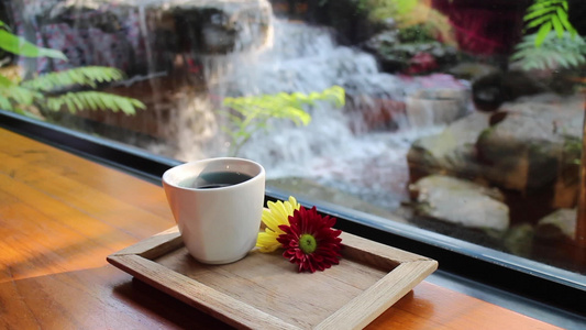 在瀑布花园的风景中早上一杯咖啡拿铁视频