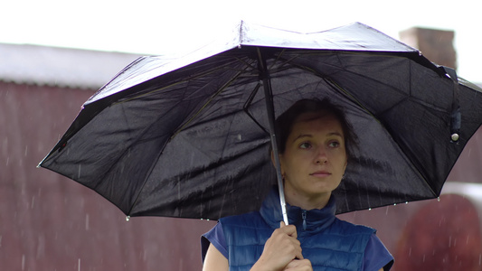 女孩大雨躲在雨伞下视频