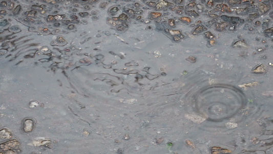 在沥青水坑表面关闭小雨视频