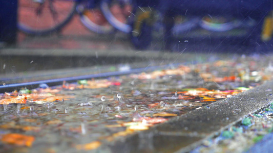 甘蓝秋叶在水坑上喷洒的雨滴视频