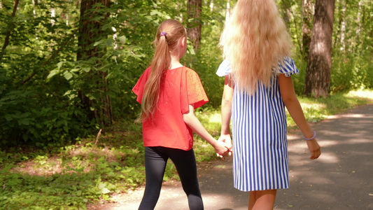 十几岁的女朋友手牵手走在夏日公园的背影里两个女孩在视频