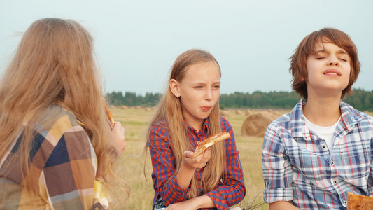 十几岁的朋友在农村野餐时吃披萨快乐的女孩和男孩在农村视频