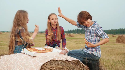 青少年朋友在收割场的干草堆上吃披萨年轻的女孩和男孩视频