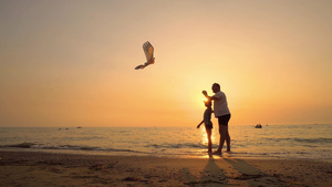 暑假时父亲和孩子在日落的海滩放风筝乐趣22秒视频