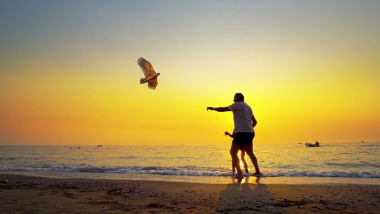 暑暑假时家庭乐趣父亲和太阳在日落的海滩上飞出多彩的视频
