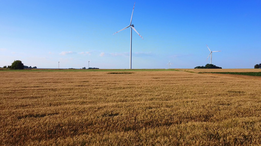 小麦田附近的风能涡轮机视频