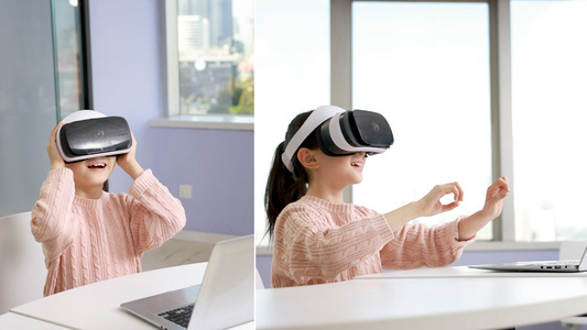 戴着VR眼镜开心的小女孩[戴起]视频
