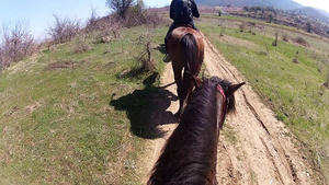 在狭窄的山路上骑马旅行26秒视频