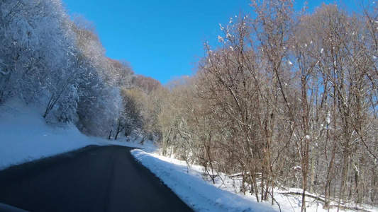 在山路上行驶冬季森林的风景和雪覆盖的荒野下山视频