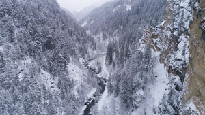 冬季雪天时在休克泽兰的陆水龙头空中观察下雪流经山峡21秒视频