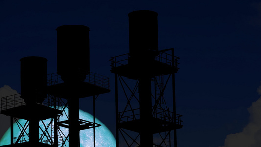 4千个超级水月在夜空中的轮光工业建筑上重新升起视频