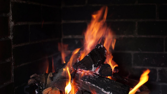 在砖壁壁炉中烧焦的橡木柴覆盖在平坦的背景下稳定锁住视频