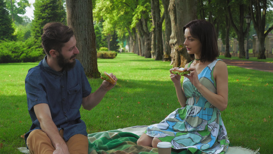 和那女孩一起吃三明治的男孩在野餐上加沙拉视频