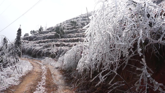 冬季冰雪中的山路[沙石路]视频