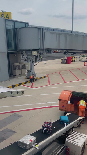 浦东机场停机坪行李装运实拍视频传输带31秒视频