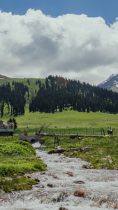 5A新疆伊犁那拉提景区蓝天白云下的山脉河流草原延时摄影自驾旅游视频