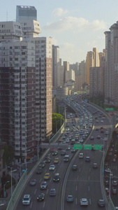 上海静安区延安高架路高架桥车流航拍高视角视频