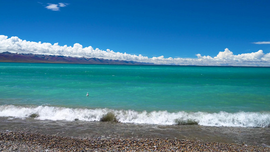 纳木错圣湖碧绿湖水沙滩海浪冲击视频