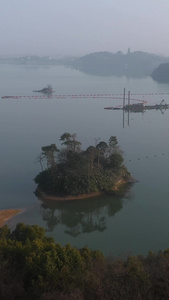 国家5A级风景区天目湖清晨薄雾航拍视频白鹭小岛生态视频