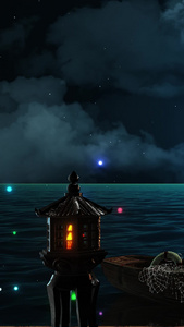唯美的三维码头夜景背景夜晚星萤火虫背景视频