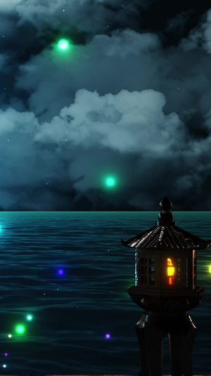 唯美的三维码头夜景背景夜晚星萤火虫背景30秒视频