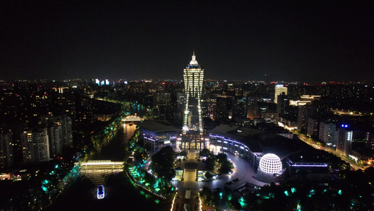 浙江杭州西湖文化广场夜景灯光航拍 视频