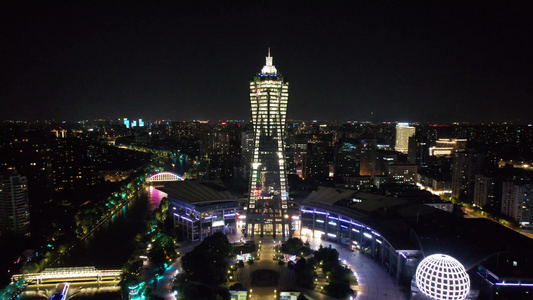 浙江杭州西湖文化广场夜景灯光航拍 视频