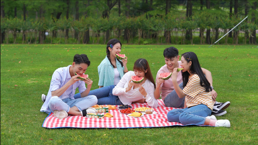 4k年轻人坐在草地吃西瓜避暑视频
