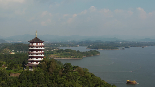 航拍5A安徽万佛湖景区标志景点龙河塔视频视频