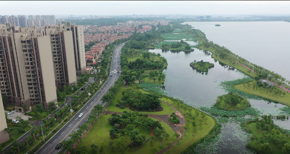 航拍荆门城市湿地公园视频