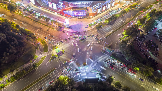 浙江义乌吾悦广场城市交通夜景车流人流航拍延时摄影视频