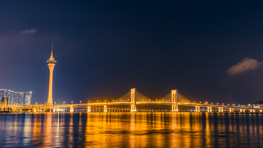 8K澳门半岛澳门塔西湾大桥夜景延时视频