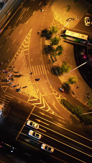 航拍城市夜景道路交通等候信号灯通行的汽车和行人素材交通素材61秒视频